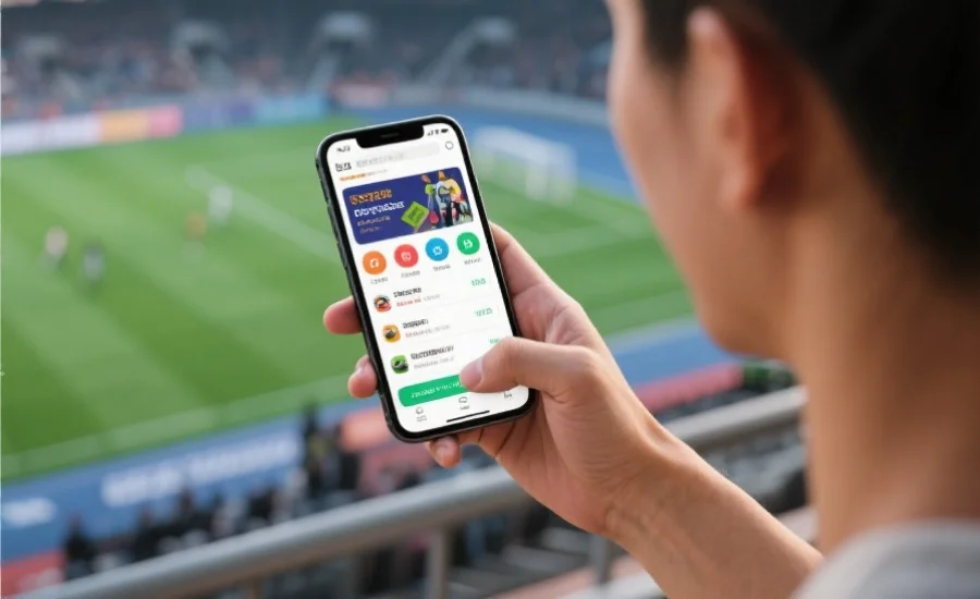 现代人手持智能手机，正在使用一款体育资讯APP浏览赛事信息的生动画面