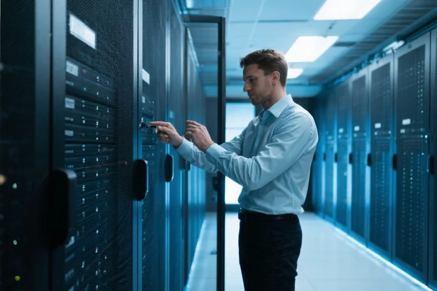 现代化服务器机房，工程师正在检查安全系统，氛围专业可靠